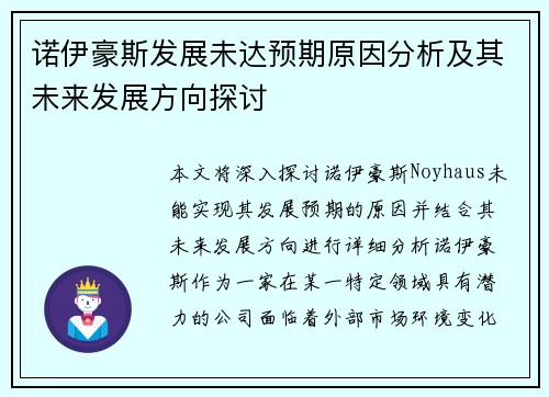 诺伊豪斯发展未达预期原因分析及其未来发展方向探讨