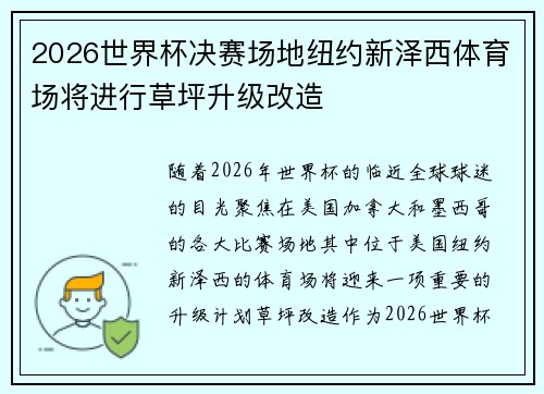 2026世界杯决赛场地纽约新泽西体育场将进行草坪升级改造 2026世界杯决赛场地纽约新泽西体育场将进行草坪升级改造
