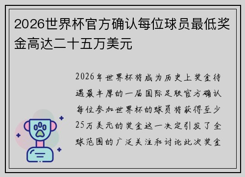 2026世界杯官方确认每位球员最低奖金高达二十五万美元 2026世界杯官方确认每位球员最低奖金高达二十五万美元